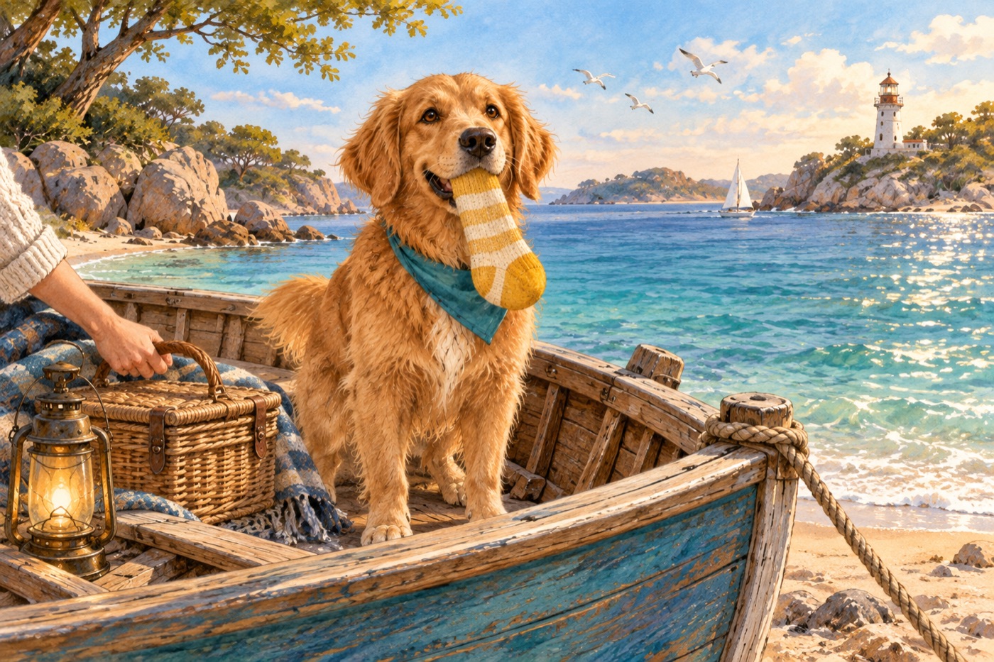 Milo, a golden retriever in a teal bandana, carries his favourite yellow sock in a wooden boat by the bay.