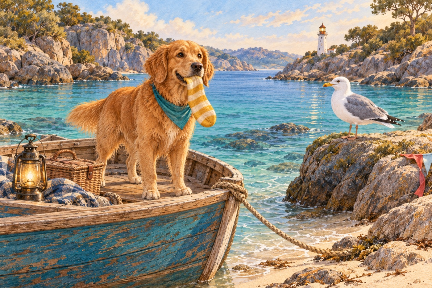Milo and his human find a gull and a trace of the missing decorations in a sheltered cove.