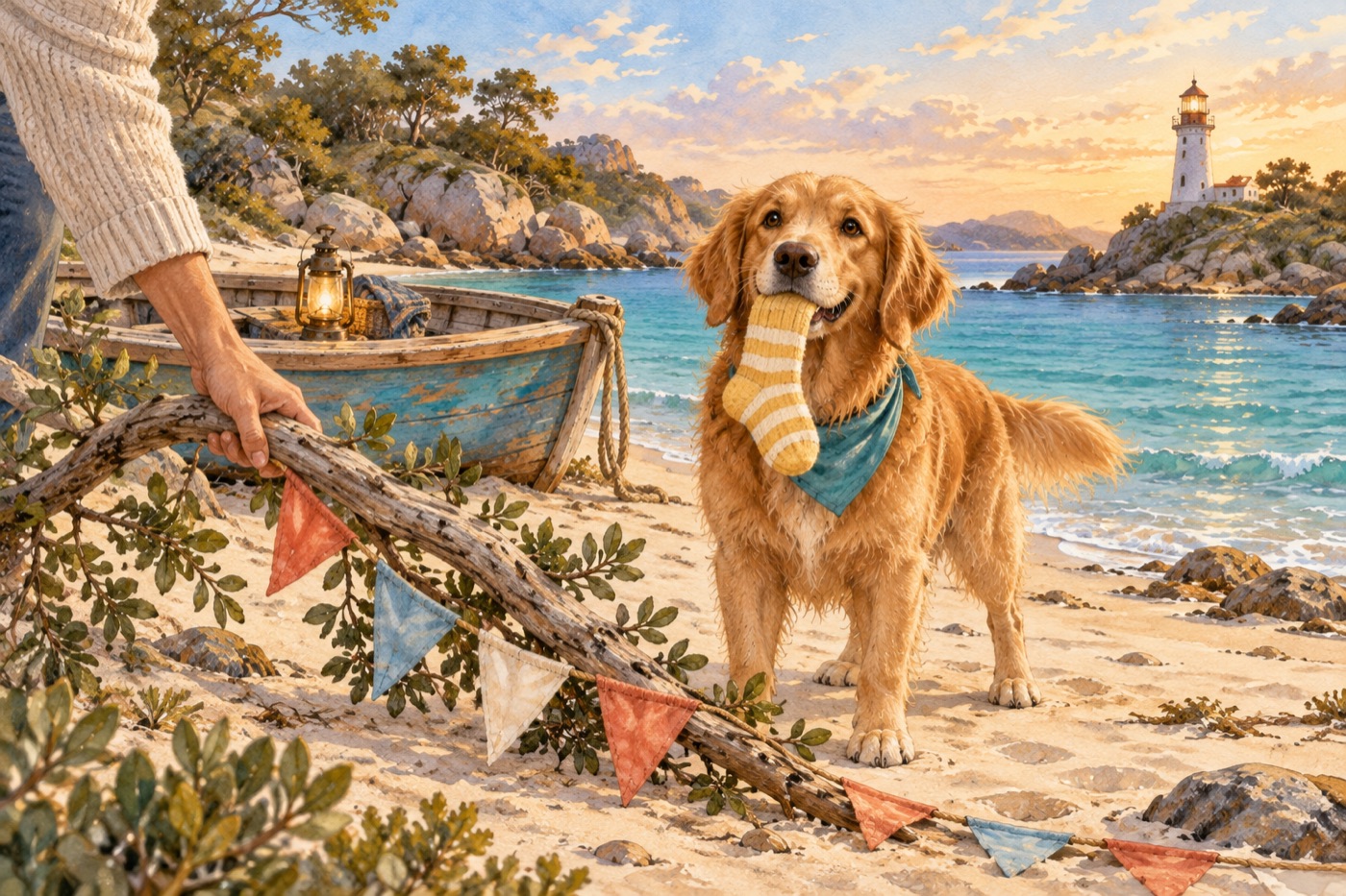 Milo waits with his sock as a hand lifts a branch away from the stranded bunting.