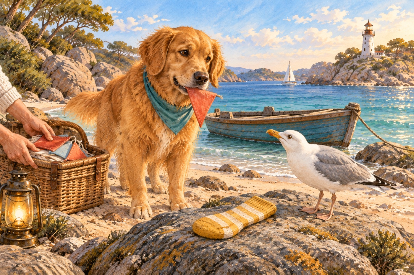 Milo watches a curious gull beside his yellow sock, with rescued bunting in a picnic basket.