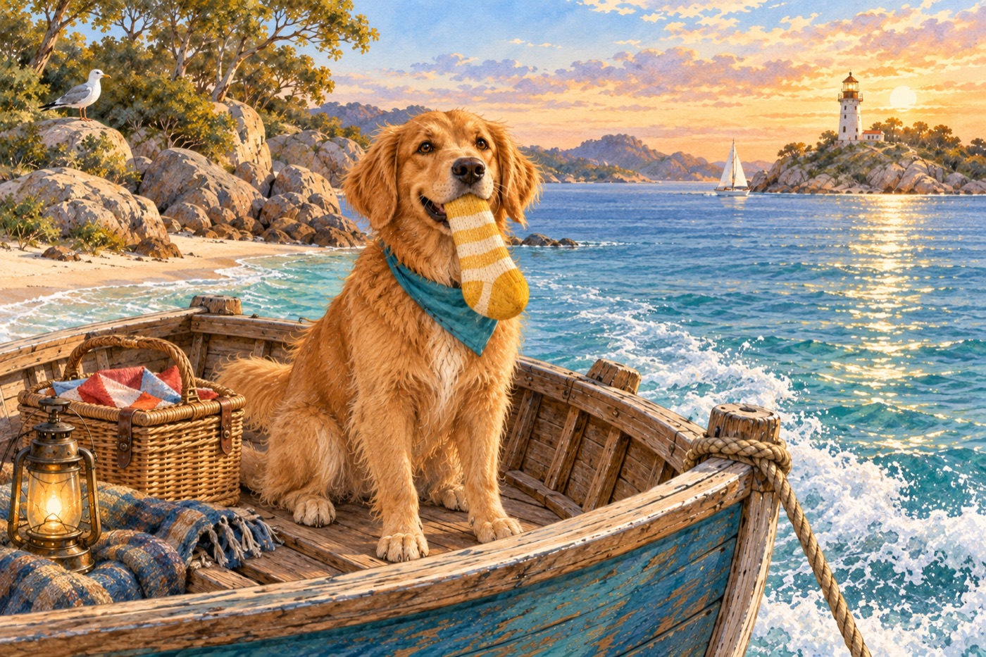 Back in the boat, Milo has his yellow sock again while the gull watches from the shore.
