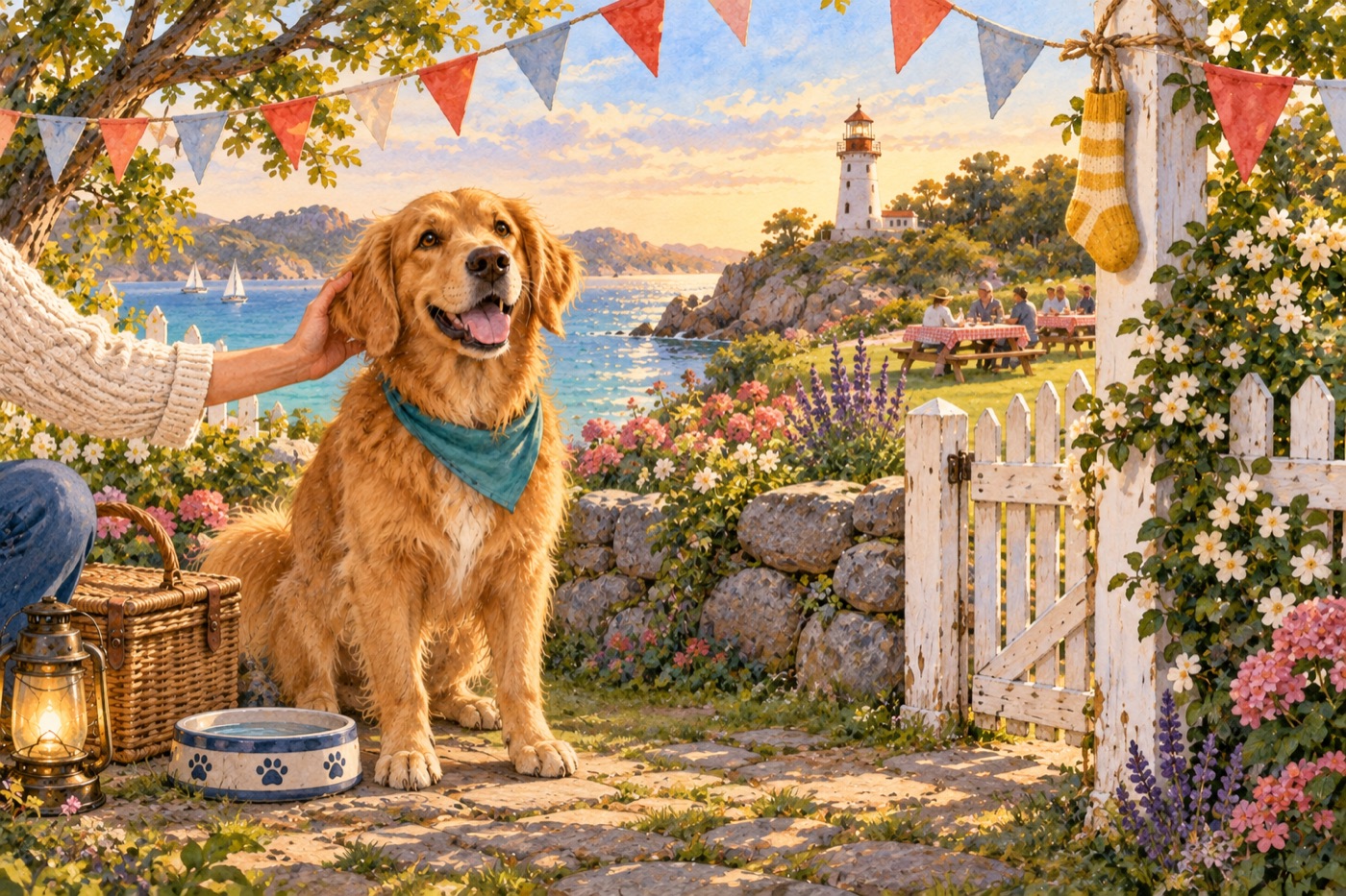 Milo enjoys a scratch behind the ears beside fresh water and the restored picnic decorations.