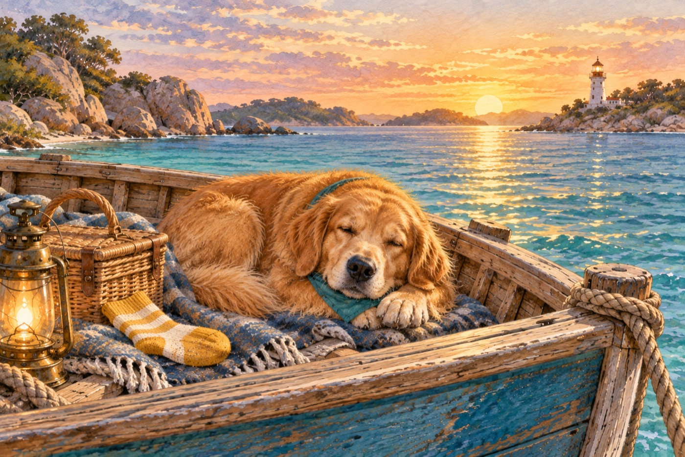 Milo rests in the wooden boat at sunset, with the returned sock beside the picnic basket.